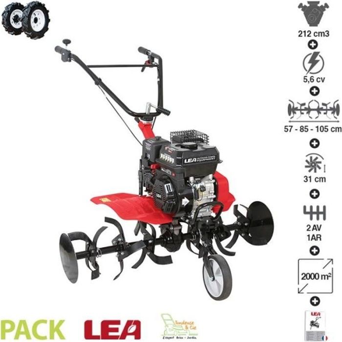 Motobineuse thermique puissante 5,6cv 212cc roues agraires 2 vitesses AV 1 AR travail 105cm LEA LE4212-105DW