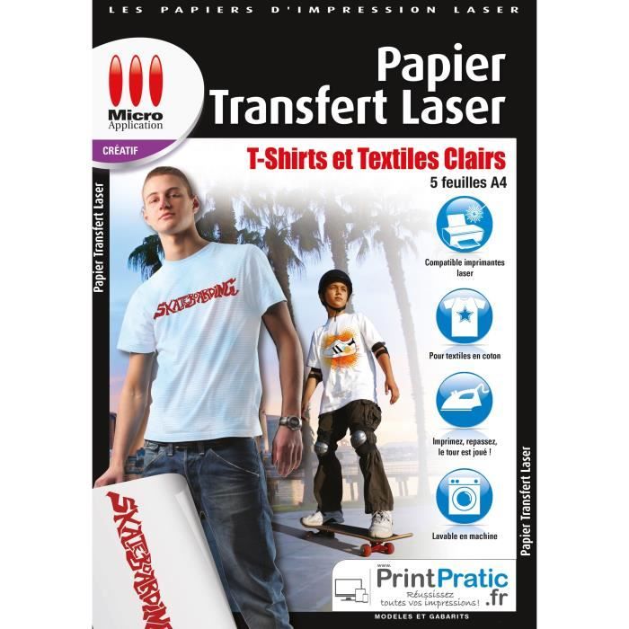 Papier Transfert Laser T-Shirts et Textiles Clairs - 5 feuilles A4