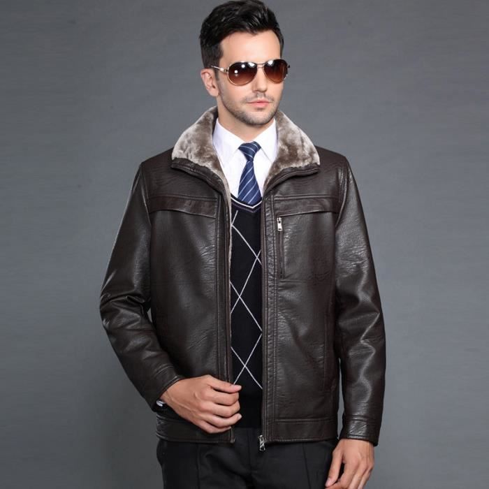 Blouson Cuir Homme Fourrure Manteau Homme Hiver... Café noir