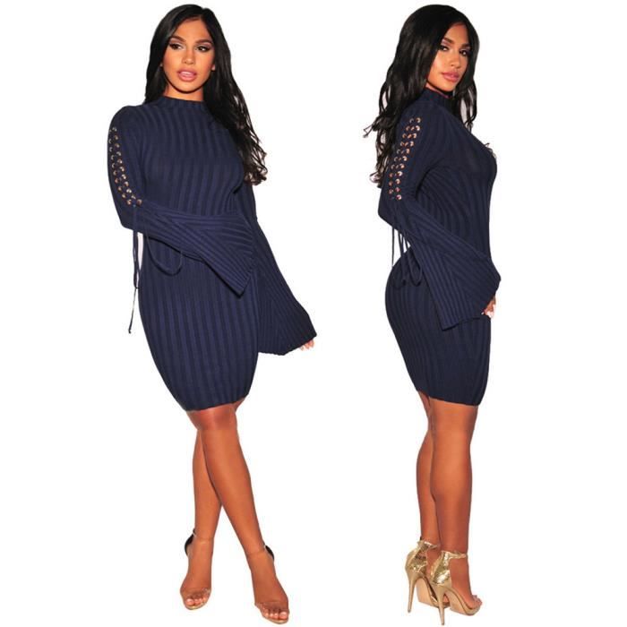Femmes Robes Grande Taille Courroies Automne Et Hiver Robe A Manches Longues Cou Rond Vetement Grande Taille Bleu Achat Vente Robe Cdiscount