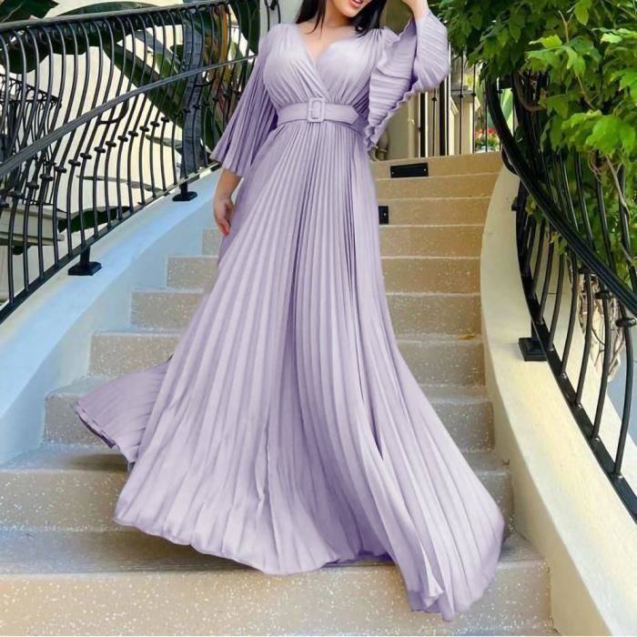 Robe Soirée Élégante Femme - Longue Maxi Avec Fente Et Col En V - Manches Longues Drapée - Pour Bal Ou Événement