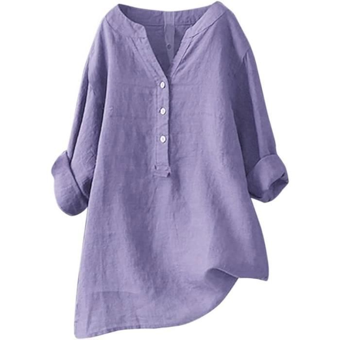 Chemisier Femme Lin Manches Longues Oversized Blouse Tunique Casual Col V Couleur Unie Hauts Sexy Mode Chemise violet