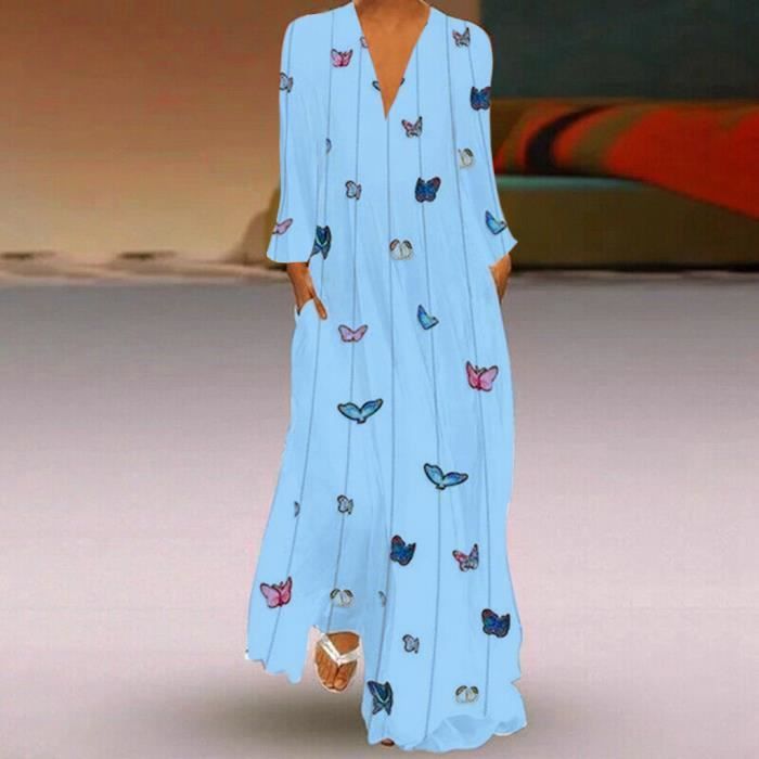 OS Robe boheme grande taille pour femme a manches longues et imprime papillon Robe longue a col en V Bleu ciel Bleu ciel Cdiscount Pret a Porter