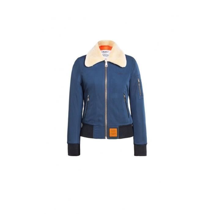Blouson femme Bombers Barcelone navy col fourrure aviateur coupe courte et cintree poches zippees Navy Cdiscount Pret a Porter
