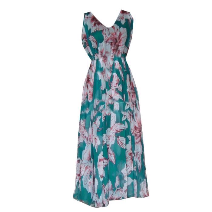 Robe Maxi D’été Bohème – Couleur Arc-en-ciel Dégradé, Motif Floral – Sans Manches, Col V Profond – Mousseline Fluide