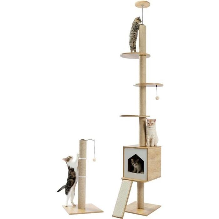 Comparer les prix de PAWZ Road Arbre a Chat en Bois Design Moderne Tour au Plafond Deluxe, Arbre Chat Plafond, Multi-etage, Beige, 240-260cm