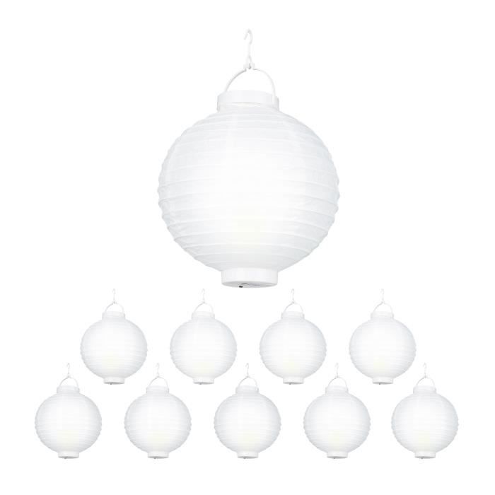 relaxdays lampion chinois led abat-jour papier lanterne boule 20 cm rond décoration set de 10 à piles, blanc - 4052025243517