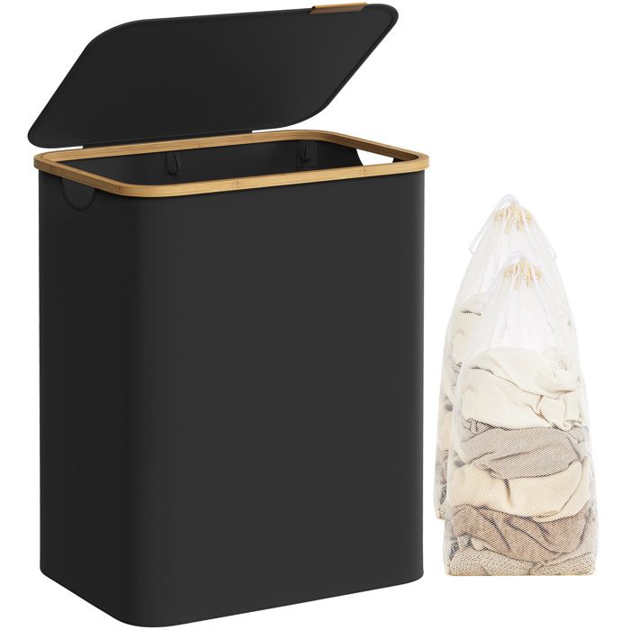 Panier à Linge avec Couvercle à 2 Compartiments 130L Sac Amovible Tissu Oxford Pliable 52 x 385 x 705 cm Noir dEncre