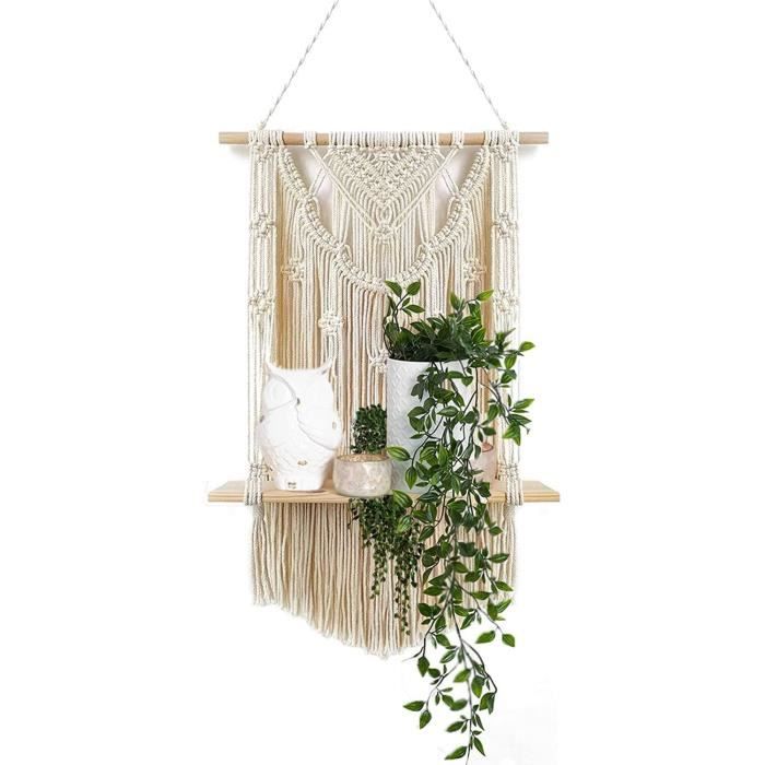 Tapisserie Macramé étagère Bohème - Beige - Corde Coton & Bois - Décoration Murale
