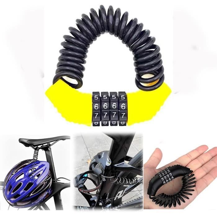 Antivol Vélo Et Casque – Câble Spiralé 150 Cm – Code 4 Chiffres – Alliage Zinc + PVC – Noir/jaune – 75 G