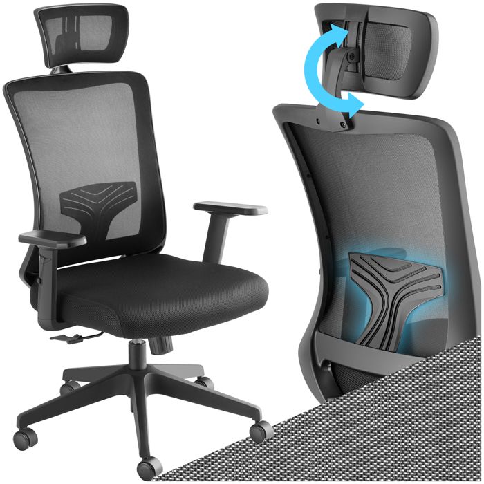 Chaise de bureau - TECTAKE - Fauteuil de bureau PHOIBE forme ergonomique avec soutien lombaire et appuie-tête réglables - Noir