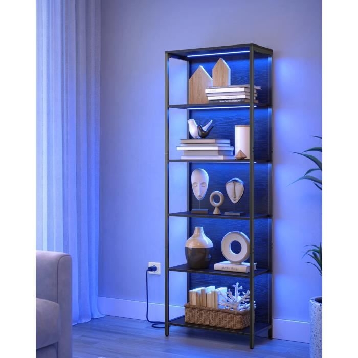 Bibliothèque LED à 6 Niveaux Lumière Réglable Cadre en Acier 303 x 60 x 1786 cm pour Salon Chambre Bureau Noir Boisé