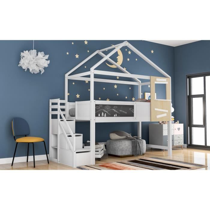 vgeby lit combiné enfant contemporain décor blanc  200x90 cm lit de maison, lit d'enfant abilityshop