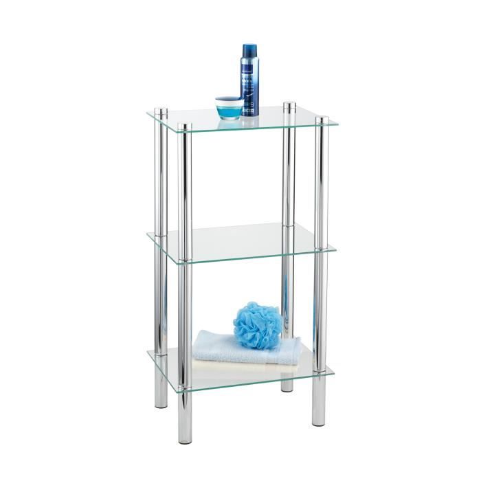 WENKO Étagère salle de bain sur pied 3 tablettes de rangement exclusive Yago Acier inox - Verre trempé 40x74x30 cm Brillant