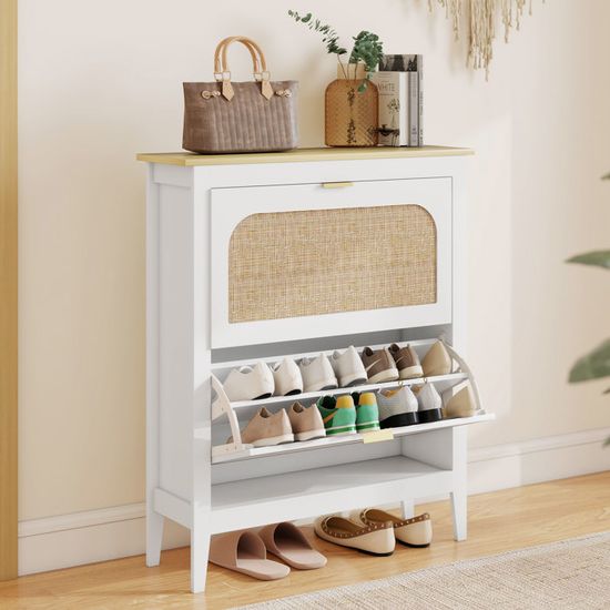 HOMCOM Meuble à Chaussures 14 Paires Bohème Avec 2 Tiroirs Rabattables, Portes Effet Cannage Rotin, 80 X 24 X 95,5 Cm, Blanc | France