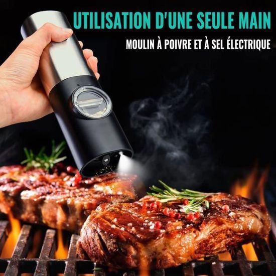 FORLIM Moulins Sel Et Poivre Electrique, Rechargeable USB Avec Double Base De Chargement, Grossièreté Réglable, Couvercles Anti-Poussière Auto + Lumière LED, Opération à Une Main, Lot De 2(Noir
