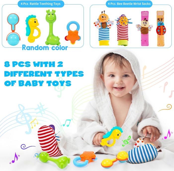 Jouet De Dentition Bébé - Lot 8 Hochets Sensoriels - ABS Sans BPA - 0-12 Mois - Cadeau Nouveau-né