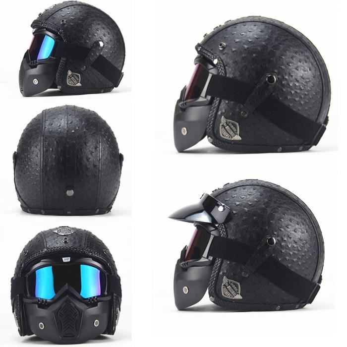 Casque Jet Vintage Moto 3/4 - Certifié ECE/DOT - Lunettes Incluses - Taille S à XXL