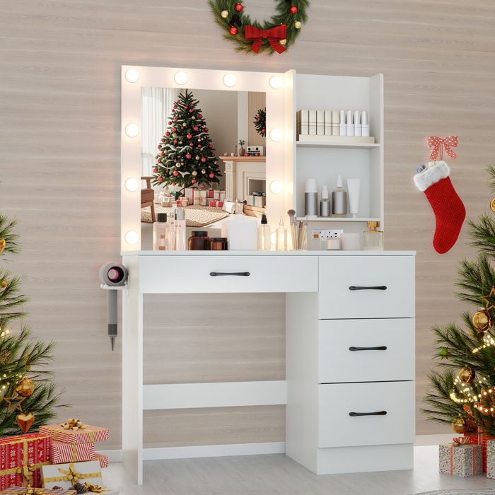 COSTWAY Petite Coiffeuse Avec Miroir LED Et Tabouret - Table Maquillage 72x39x151 Cm Blanc