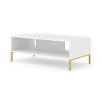 Table basse WAVE 90x60 cm façades fraisées blanc mat sur pieds dorés