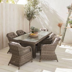 Ensemble table et chaise de jardin Table de jardin en résine tressée arrondie - Lecco Gris - Coussins beige - 6 places - 6 fauteuils. une grande table
