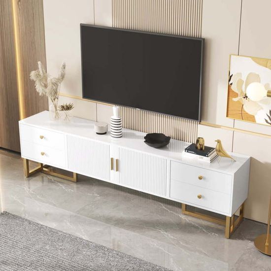 Meuble Bas TV Vintage 175x38x55.5 Cm - 2 Tiroirs, 4 Portes En Vannerie - Blanc Avec Poignées Dorées - Pour Téléviseur 70 à 79 Pouces - 8