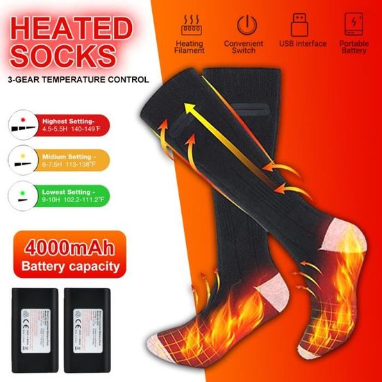 Chaussettes Chauffantes USB Réglables - 3 Températures, Idéales Ski, Rando, Soirées D'hiver