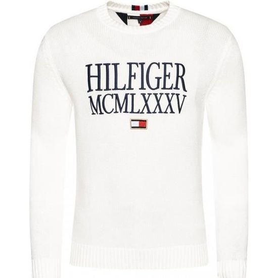 Pull en coton a gros logo Tommy Hilfiger Homme Blanc Cdiscount Pret a Porter