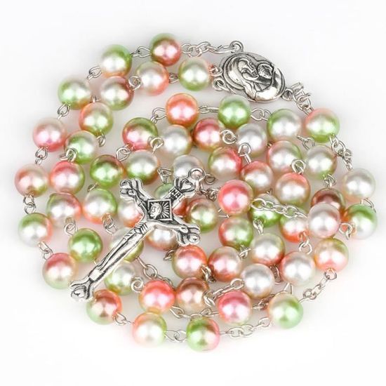 Collier Chapelet Or Blanc 18K 750 - Croix Et Vierge, Perles 2mm, 50cm, Neuf Avec Certificat