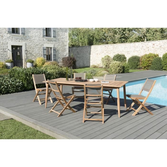 Ensemble de jardin en teck: 1 table à manger, pieds scandinaves, 220 x 100 cm - 3 lots de 2 chaises pliantes en textilène JARDITECK