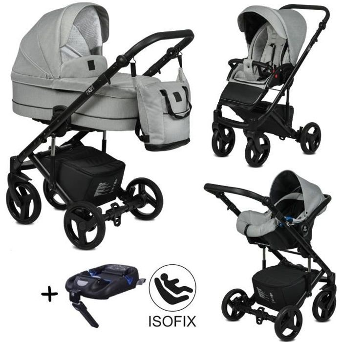 Poussette Combinée Trio 3 en 1 Neri ISOFIX Gris Clair – Landau, poussette promenade, siège auto Groupe 0+ - Livrée avec ses