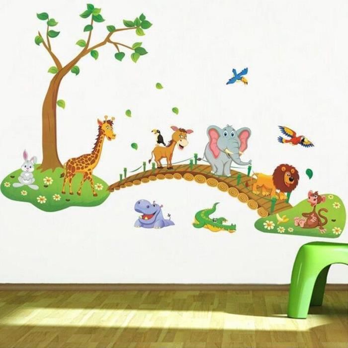 Stickers Muraux En 3d Motif Animal Sauvage Dessin Animé Motif Jungle Pont Lion Girafe Éléphant Oiseaux Fleurs Pour Chambre