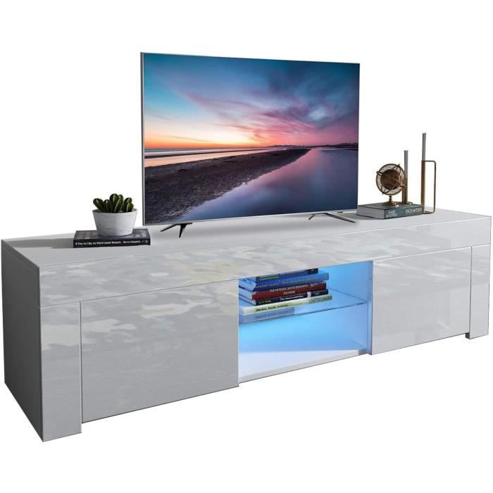 Dripex Meuble TV LED Contemporain Blanc Brillant 135 * 33,5 * 70 cm avec 2 grandes portes 1 petite porte 2 étagère de rangement