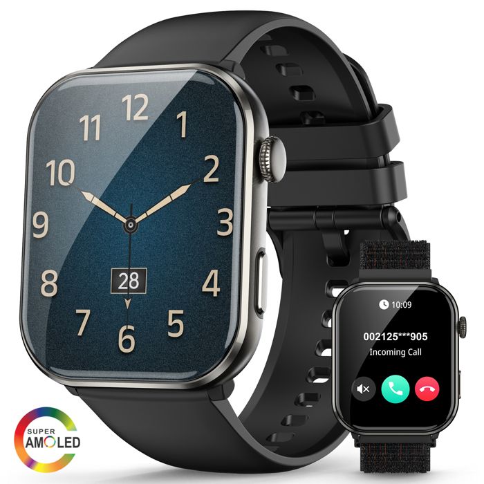 IOWODO Montre Connectée Femme d’Appel Bluetooth Assistant Vocal Lecteur Musique SpO2 Fonction Féminine Multi-Sports IOS Android Noir