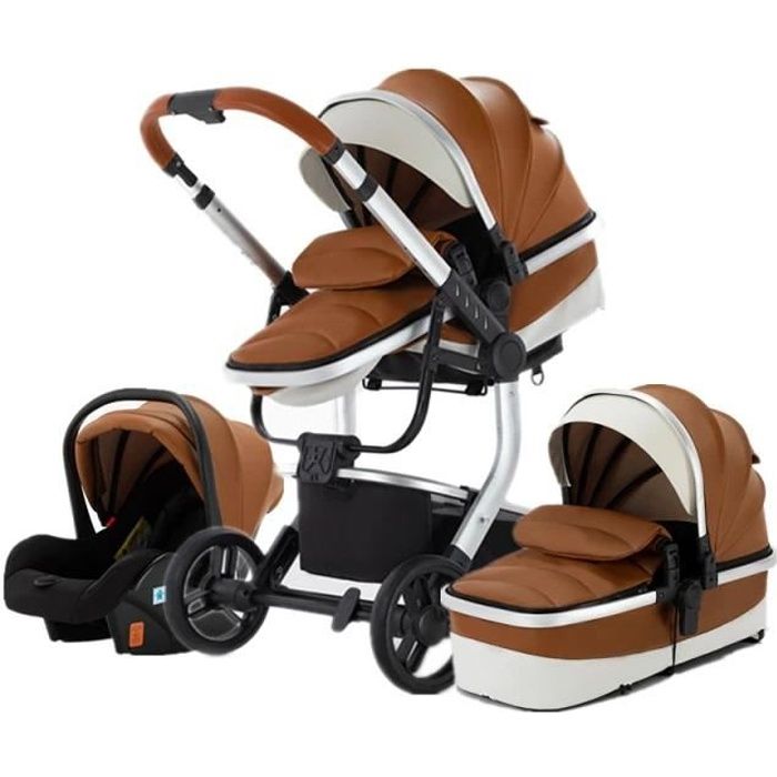 Poussette Bebe Trio Combinée Landau Réversible Grand Luxe en Cuir PU Hyper Confort Cadre Haut Alu Robuste et Leger Design Moderne