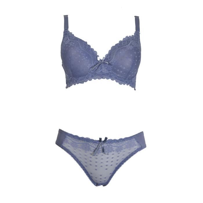 Ensemble lingerie femme soutien gorge et culotte 120D dentelle à pois bleu