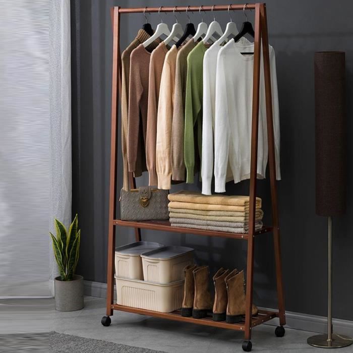 VINTEKY® Penderie/Portant à vetement solide en bois bambou, avec 2 étagères de rangement et roulettes 70x32x149cm - Brun