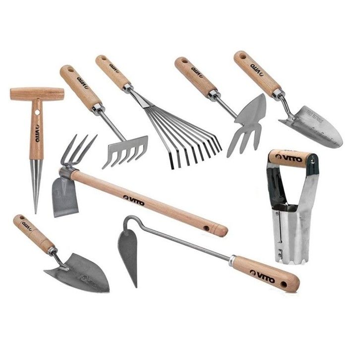 Kit 9 outils de jardin Manche bois VITOGARDEN Inox et Fer forgés à la main haute qualité Outils de jardin