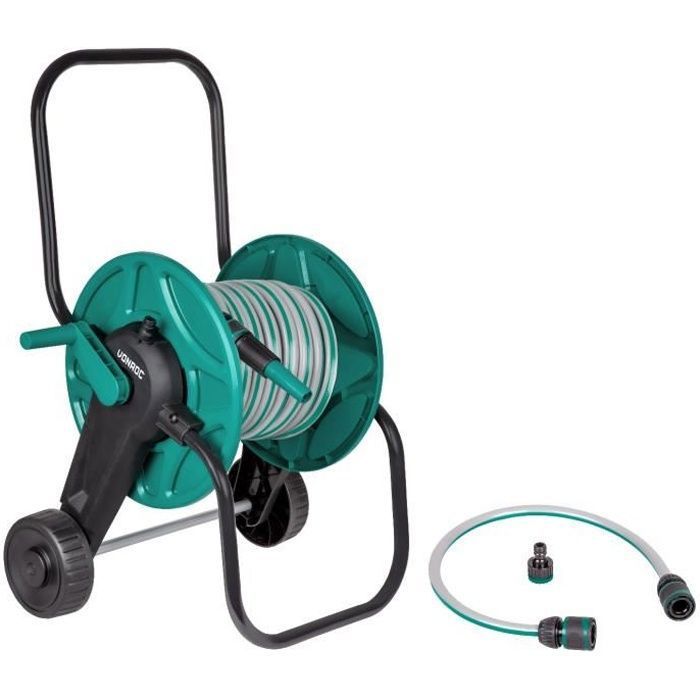 Chariot dévidoir avec tuyau de 20 mètres - Buse d'arrosage, 6 raccords de tuyaux, tuyau de raccordement et raccord de robinet inclus