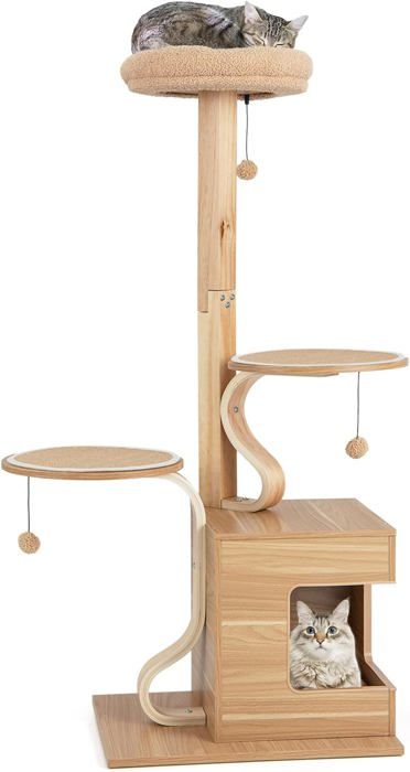 Comparer les prix de GOPLUS Arbre à Chat en Bois 129 cm, avec Poteaux en S, Condo, Perchoir en Peluche, Plates-Formes de Saut, Balles Suspendues