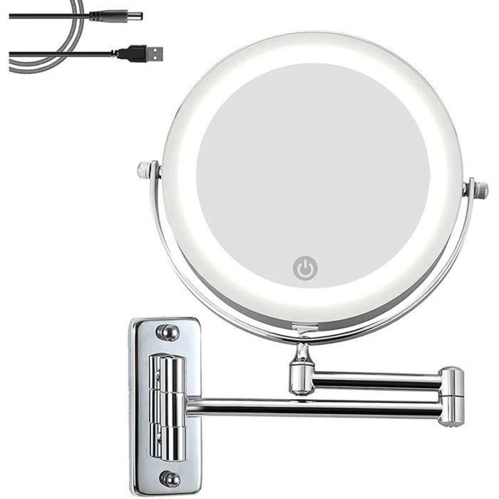 Miroir Maquillage Mural LED Grossissant 1X/10X – Lumière 3 Couleurs Dimmable, Rotatif 360°, Rechargeable, Noir Mat