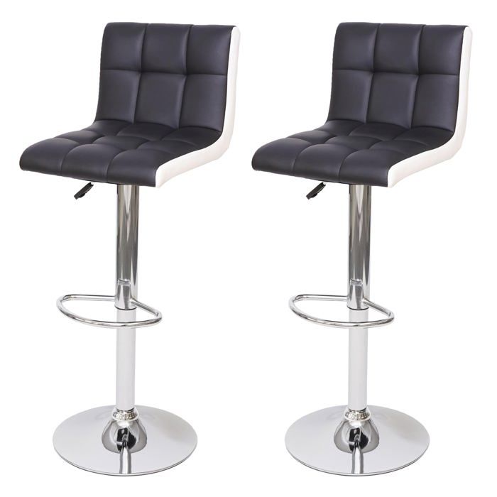 Lot de 2 tabourets de bar chaises de comptoir reglable en hauteur en PVC noir et blanc pietement chrome 04_0000150