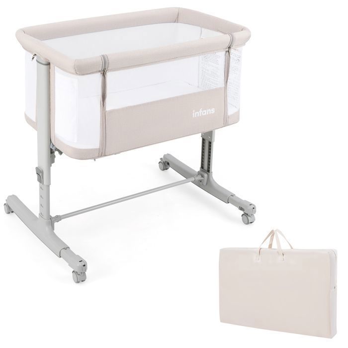 COSTWAY Lit Cododo Bébé avec Matelas-5 Hauteurs Réglables-Charge 9KG-Lit Berceau Maille Respirante-Sac de Voyage-0-6 Mois-Beige