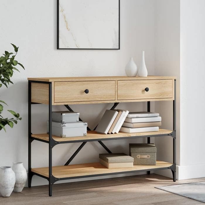 Table console-Table dentrée avec tiroirs et étagères chêne sonoma