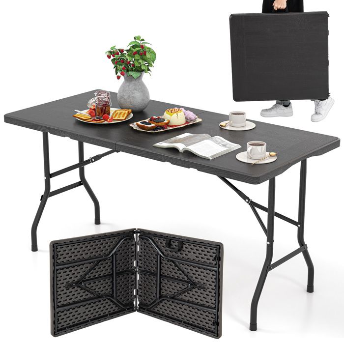 COSTWAY Table Pliante 152cm pour 4-6 Personnes Plateau en HDPE Poignée de Transport pour Camping Barbecue Cuisine Pique-Nique