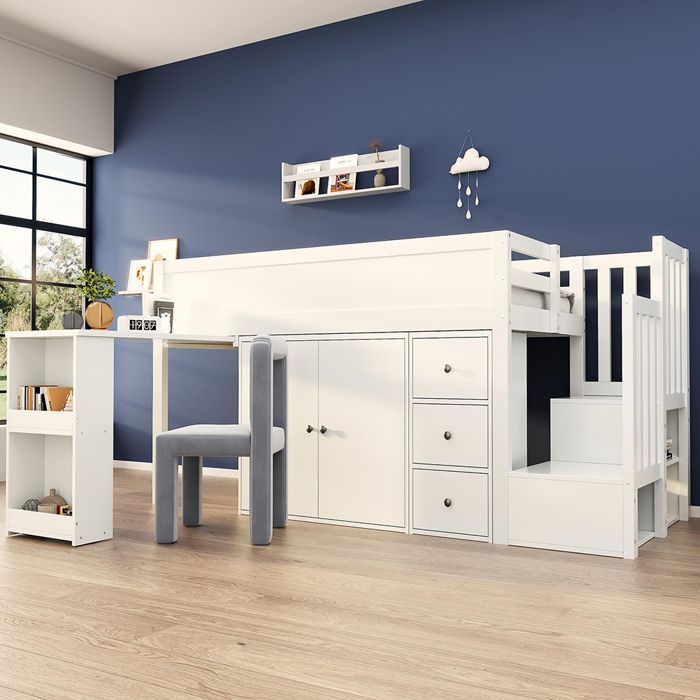 Lit 90x200 cm Combine Mezzanine enfant Avec bureau coulissant rangement latéral armoire tiroirs - Blanc
