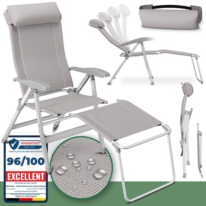 ELONEO Chaise de Camping Pliante avec Repose-Pieds Amovible Dossier Réglable Aluminium - Confort Jardin & Balcon taupe