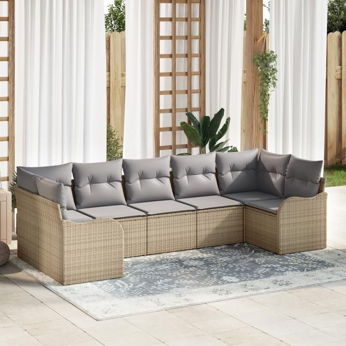 Ensemble de 7 pièces de canapés de jardin avec coussins Beige Rattan Poly 3354519