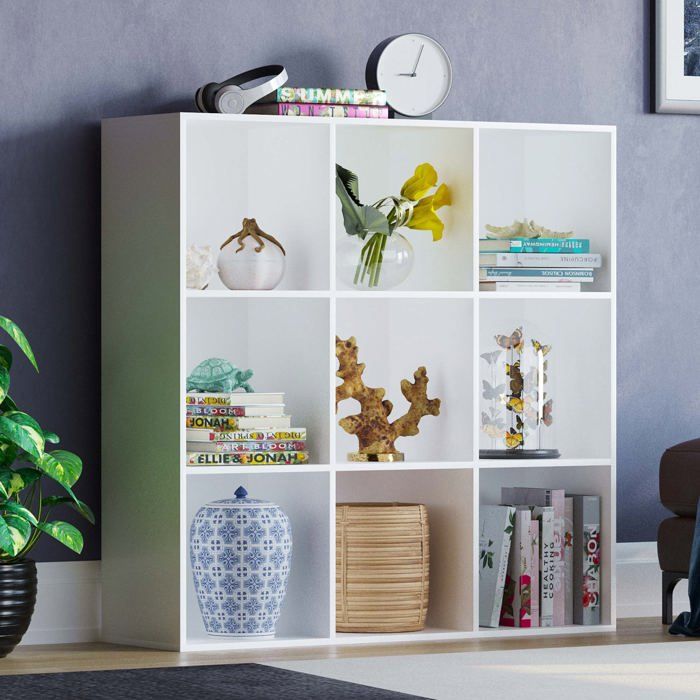 Bibliothèque Durham à 9 cubes blanche – Étagère de rangement moderne pour bureau ou salon