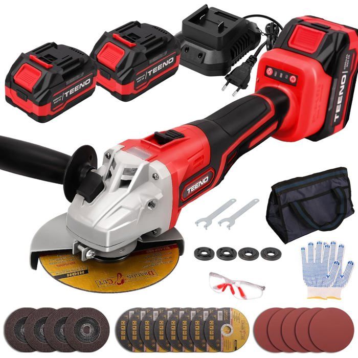 Meuleuse D'Angle Sans Fil TEENO 20V - 9800 Tr/min Avec 2 Batteries 3Ah Et 6 Disques 125mm